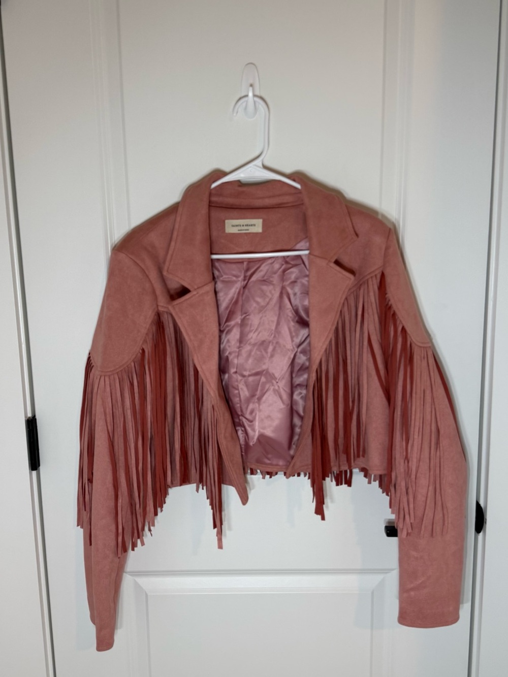 Saints & Hearts Womenβs Faux Suede Cropped Fringe Jacket